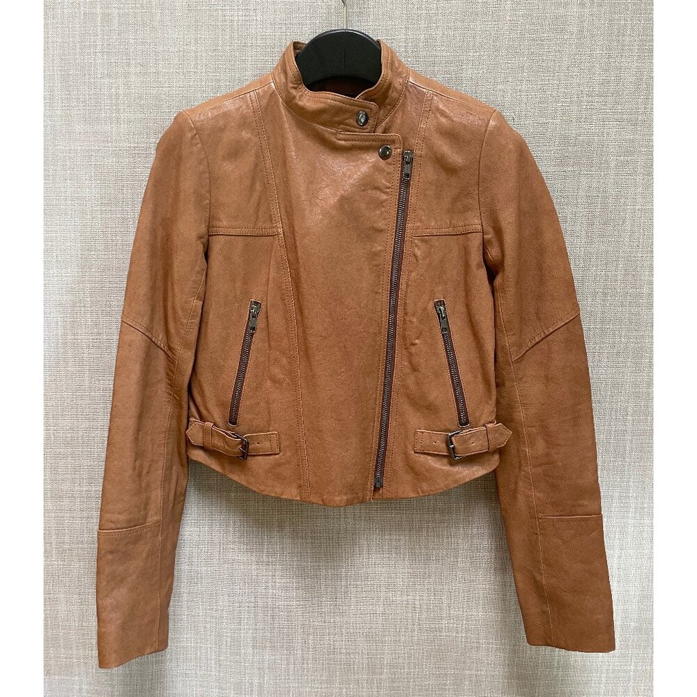 THEORY Align Women's Leather Light Brown Moto Biker Lambskin Jacket